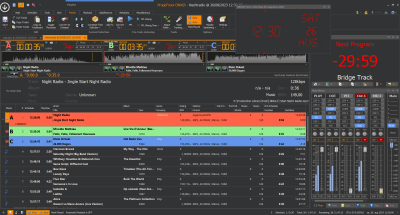 The next program (Night Radio) isn’t started yet at 1 second after the half hour (see clock). The timecode from DJ Player A is still at 0:00.0, and the progression bar for the Current track (A) in the list hasn’t progressed. The meters in the mixer are still bouncing with the last second of the Bridge track.