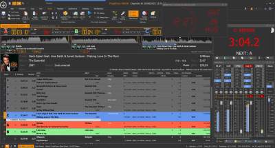 In this screenshot you can see that the song in DJ Player C is fading to the Bridge Track. The song (Herb Alpert…) started before the next program was loaded. This happens 180 seconds before the half hour. The song will end after the half hour.